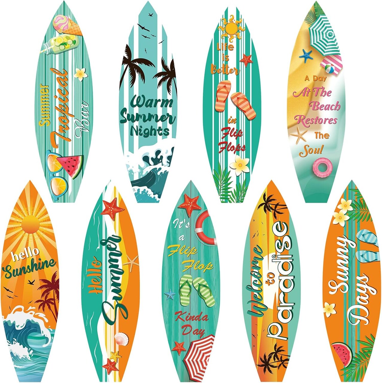 9 Pcs Surfboard Beach Signs Cutouts Paper Wall Decorations Hawaii Party Supplies Tropical Bar Sign Summer Welcome to Paradise Flip Flop Decor for Luau Beach Pool Party